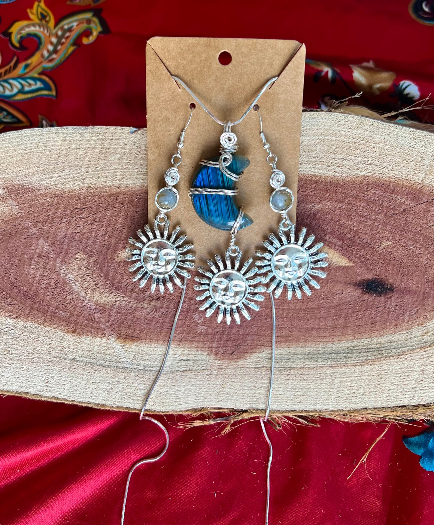 Labradorite Silver Sun Earring Necklace WireWrapped Set