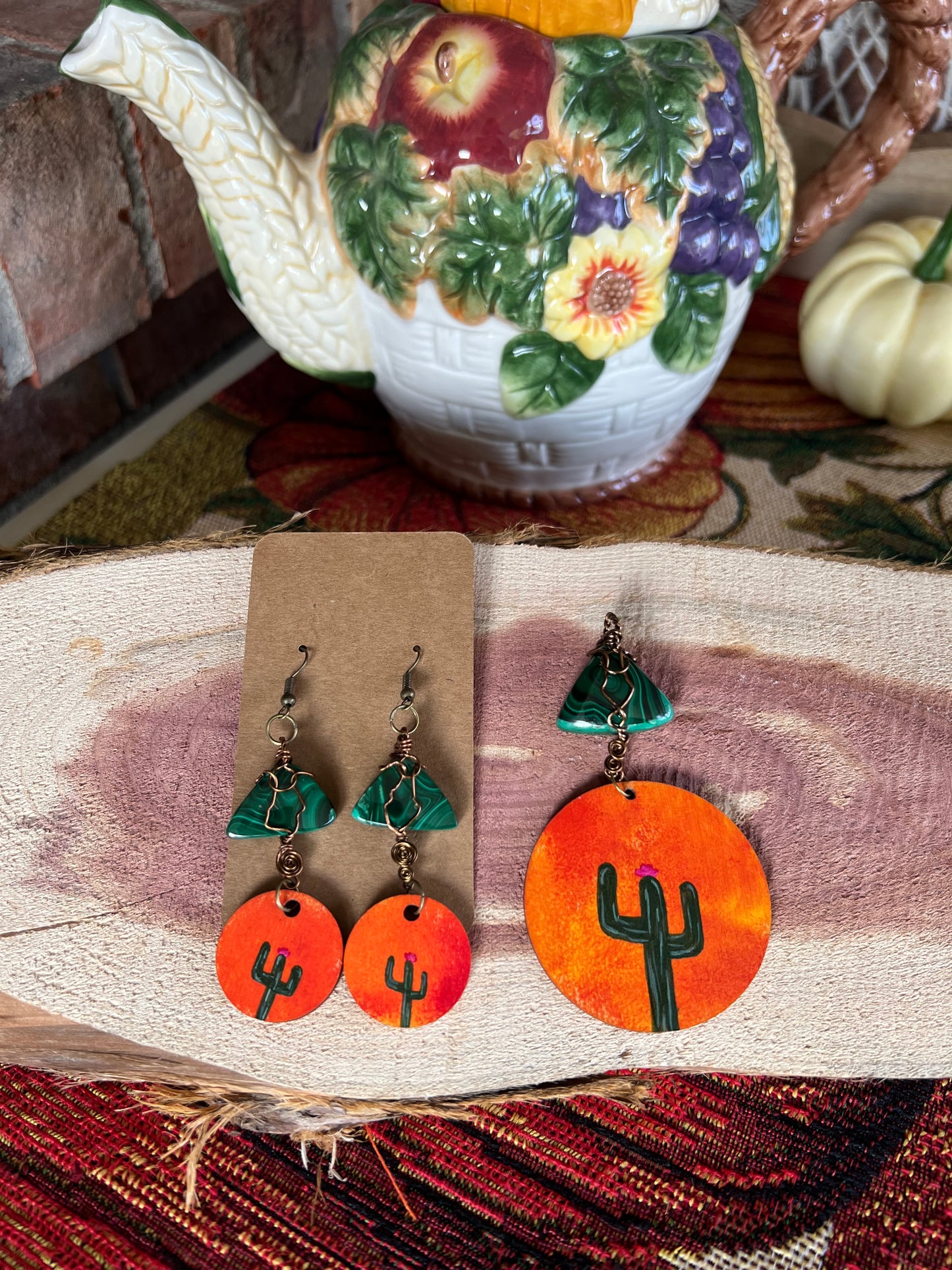 Malachite Cactus Painted Wooden Earring Set