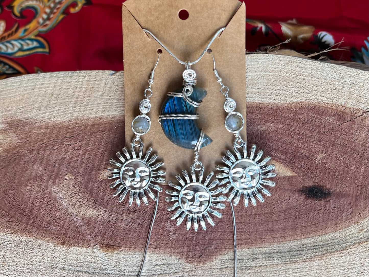 Labradorite Silver Sun Earring Necklace WireWrapped Set