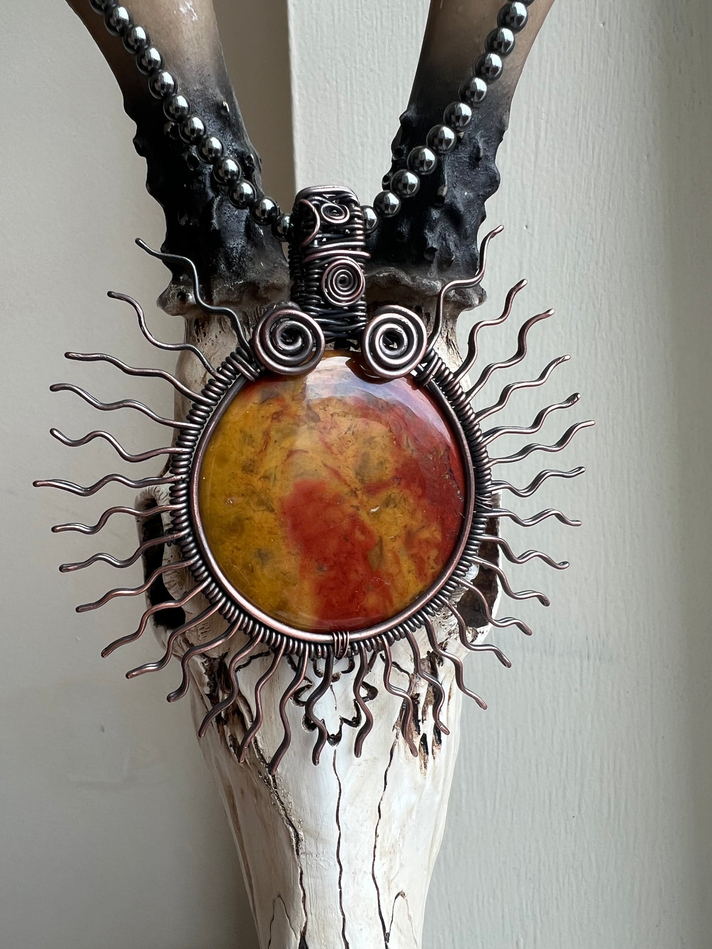 *Hematite Chain Included* Bloodstone Sunburst Wire Wrapped Healing Pendant With Hematite Chain