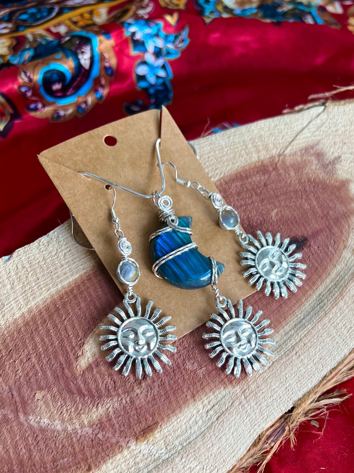 Labradorite Silver Sun Earring Necklace WireWrapped Set