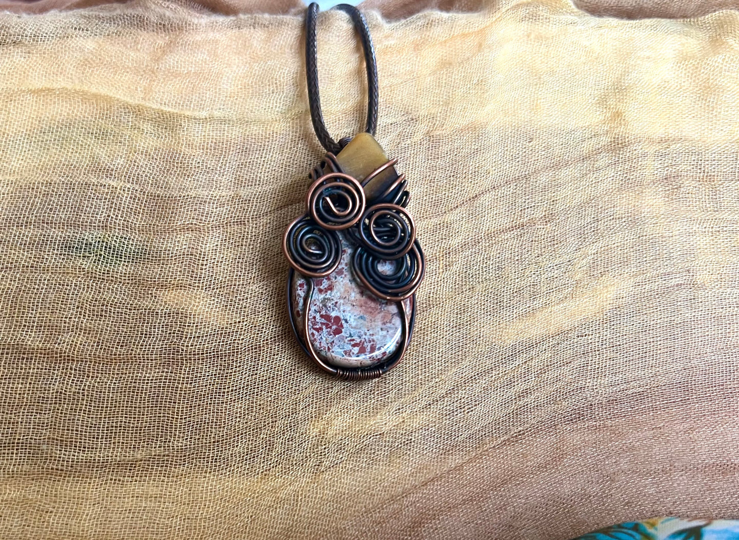 Sunstone Tiger’s Eye Wire Wrapped Pendant