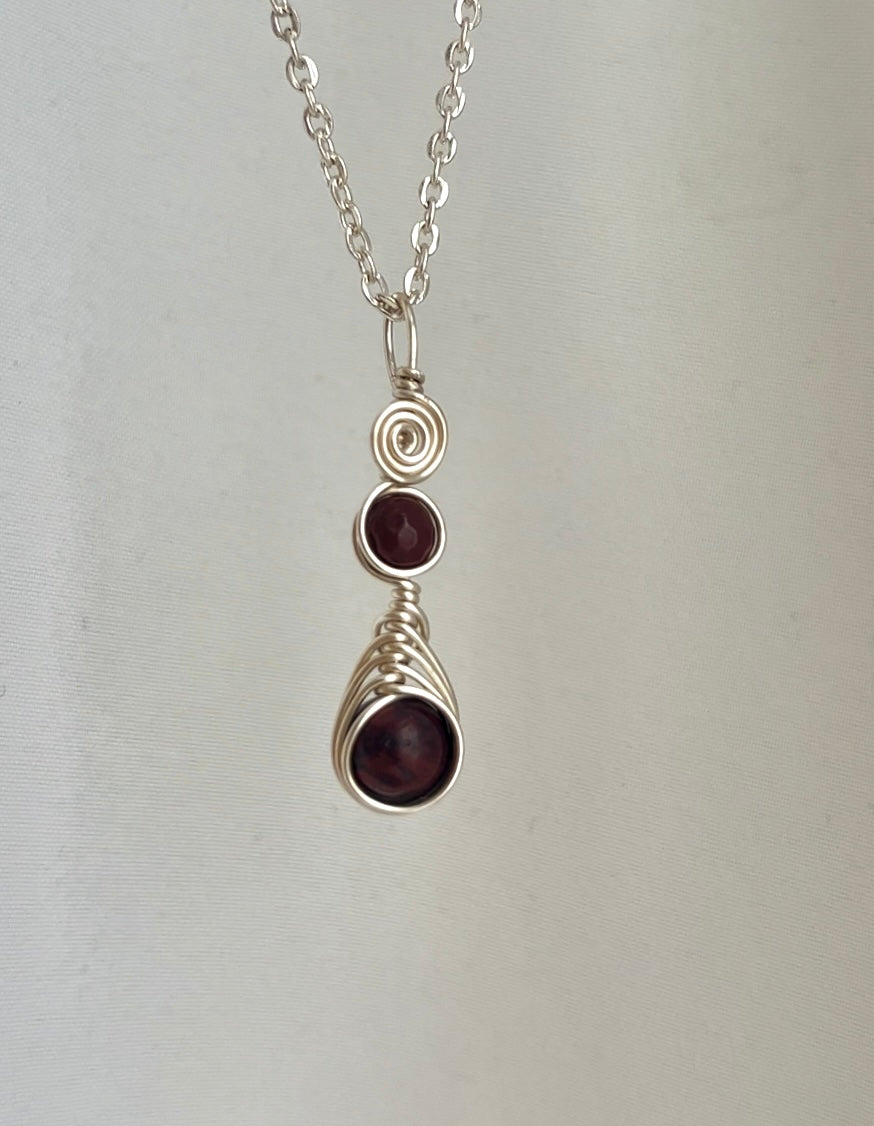 Double Red Jasper Silver Pendant Necklace
