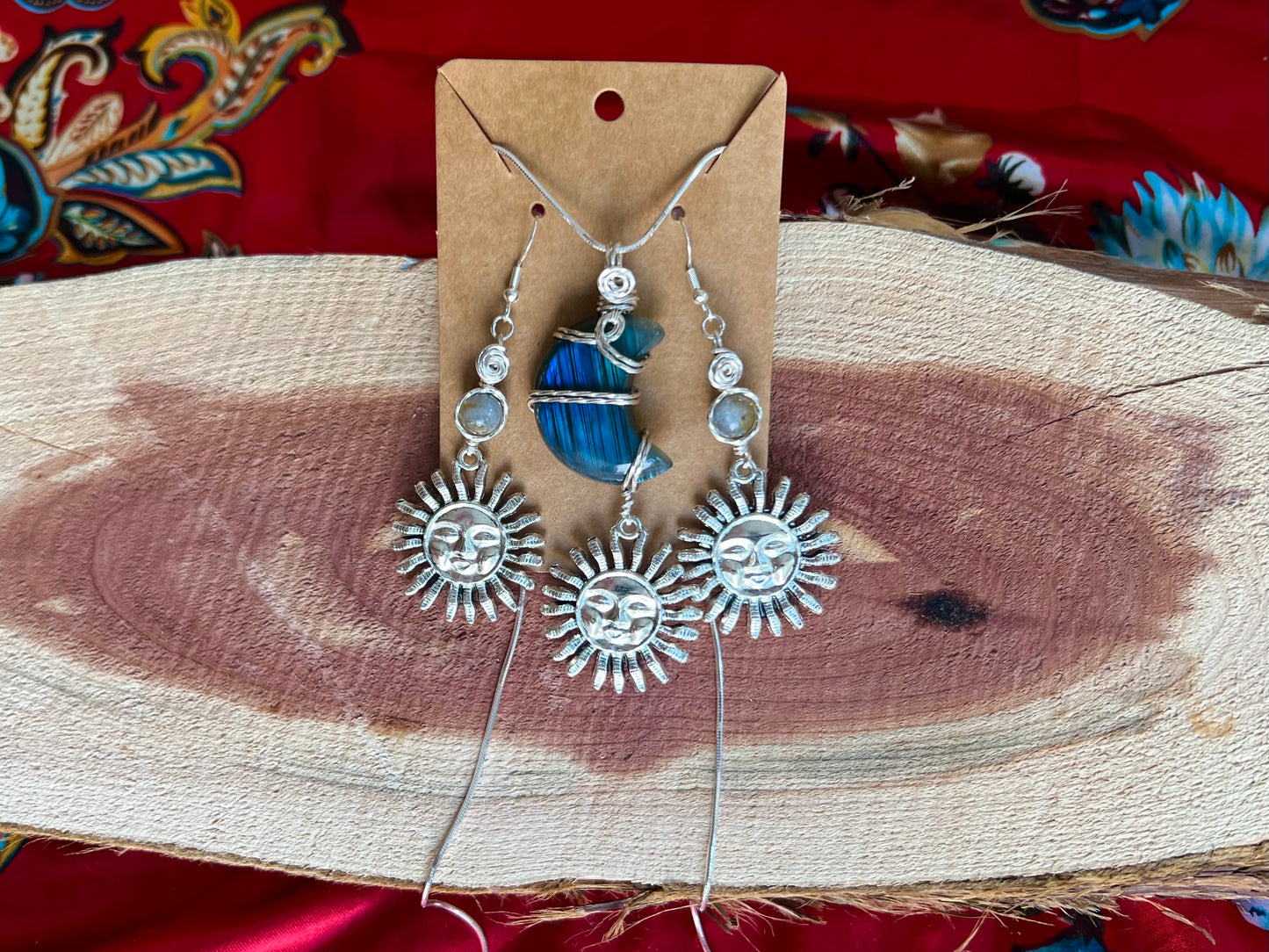 Labradorite Silver Sun Earring Necklace WireWrapped Set