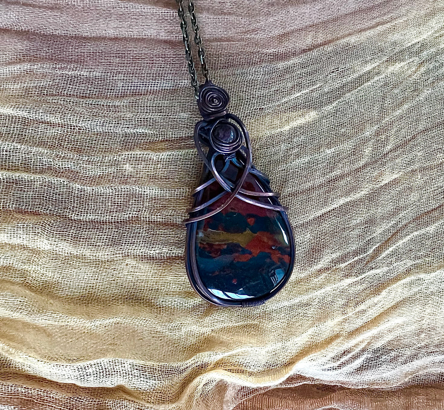 Bloodstone Wire Wrapped Healing Pendant Necklace