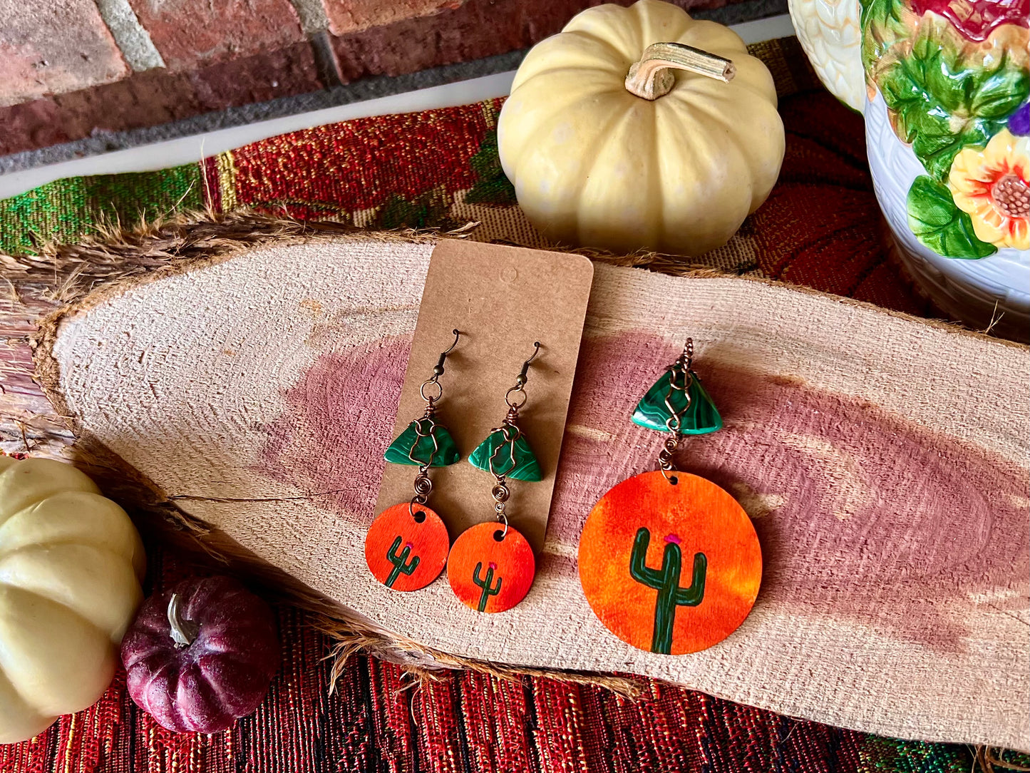Malachite Cactus Painted Wooden Earring Set
