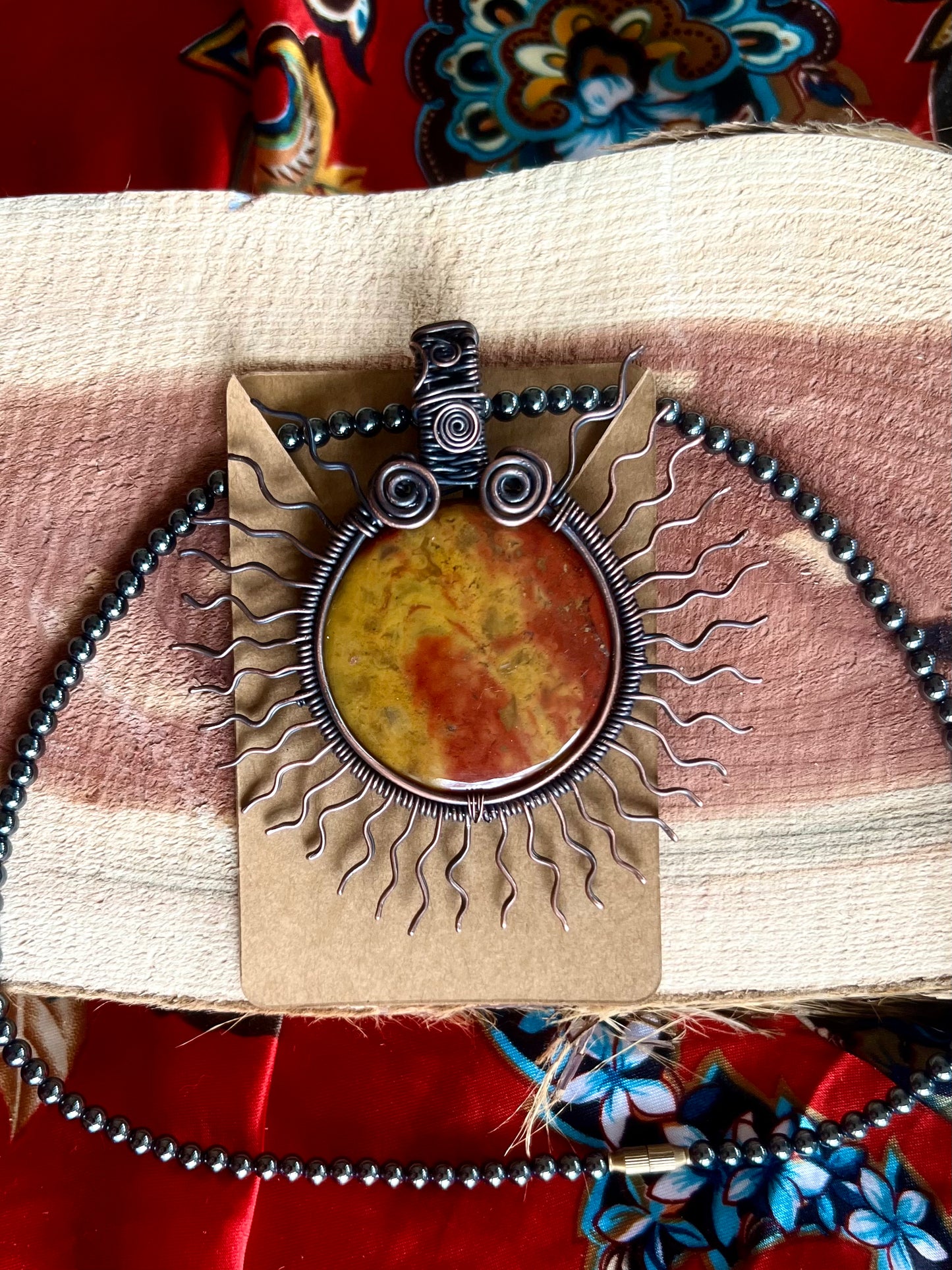 *Hematite Chain Included* Bloodstone Sunburst Wire Wrapped Healing Pendant With Hematite Chain