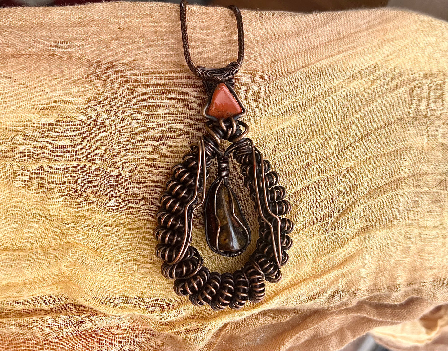 Bumblebee & Red Jasper Copper Wire Wrapped Pendant
