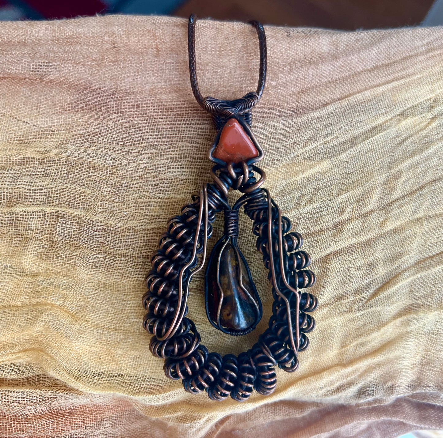 Bumblebee & Red Jasper Copper Wire Wrapped Pendant
