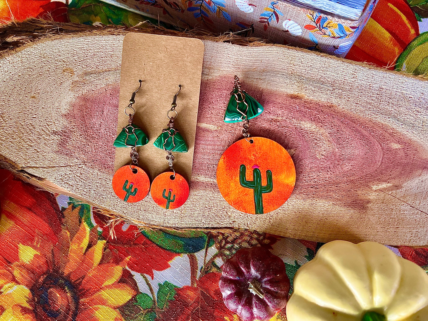 Malachite Cactus Painted Wooden Earring Set
