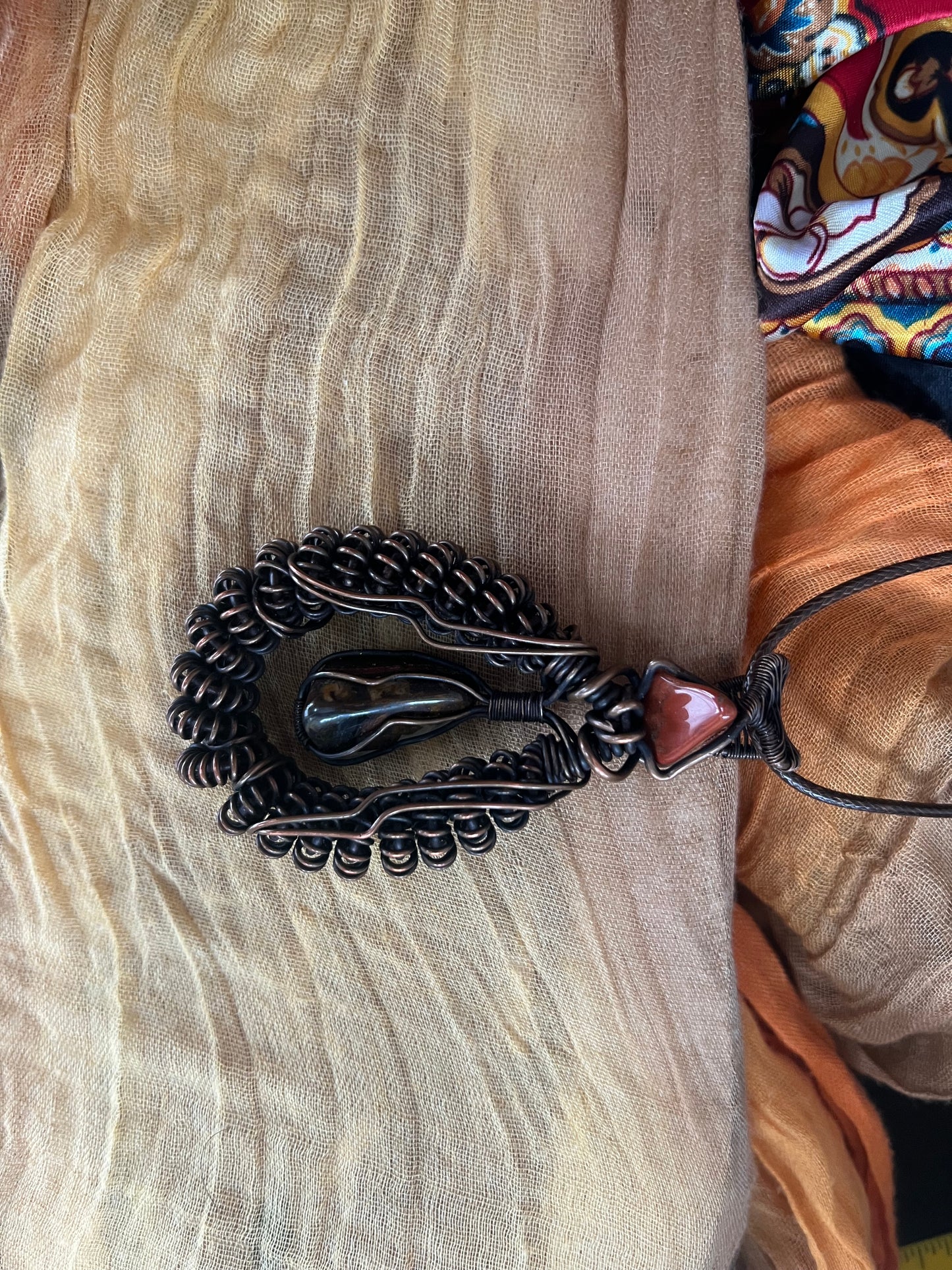 Bumblebee & Red Jasper Copper Wire Wrapped Pendant