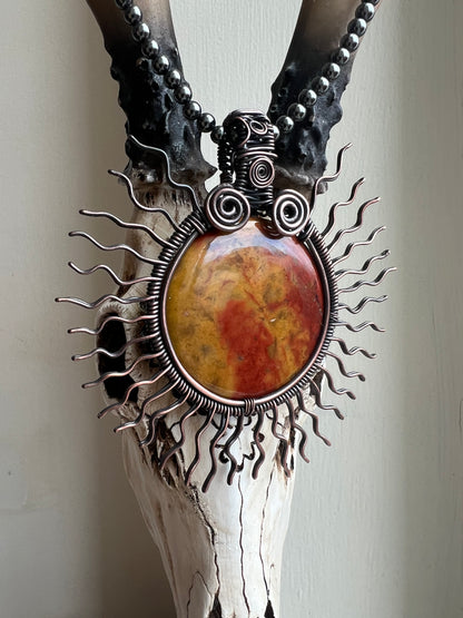 *Hematite Chain Included* Bloodstone Sunburst Wire Wrapped Healing Pendant With Hematite Chain