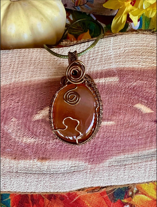 Carnelian Antique Bronze Copper Wire Wrapped Sacral Chakra Creativity Healing Pendant