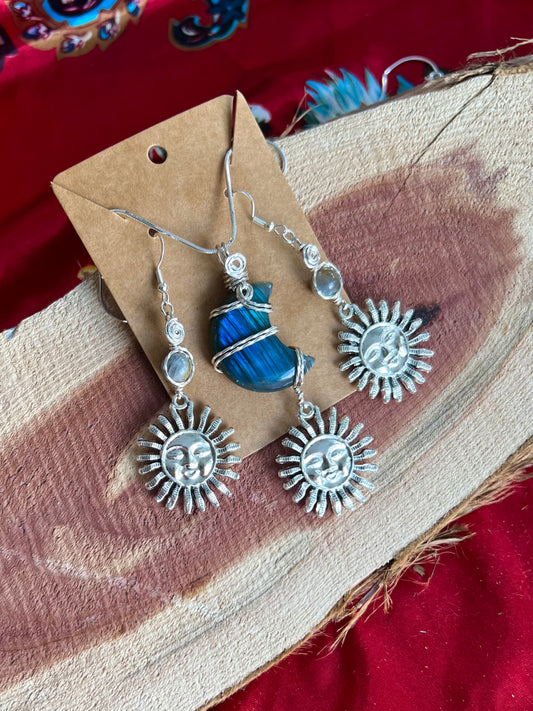 Labradorite Silver Sun Earring Necklace WireWrapped Set