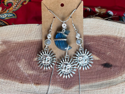 Labradorite Silver Sun Earring Necklace WireWrapped Set