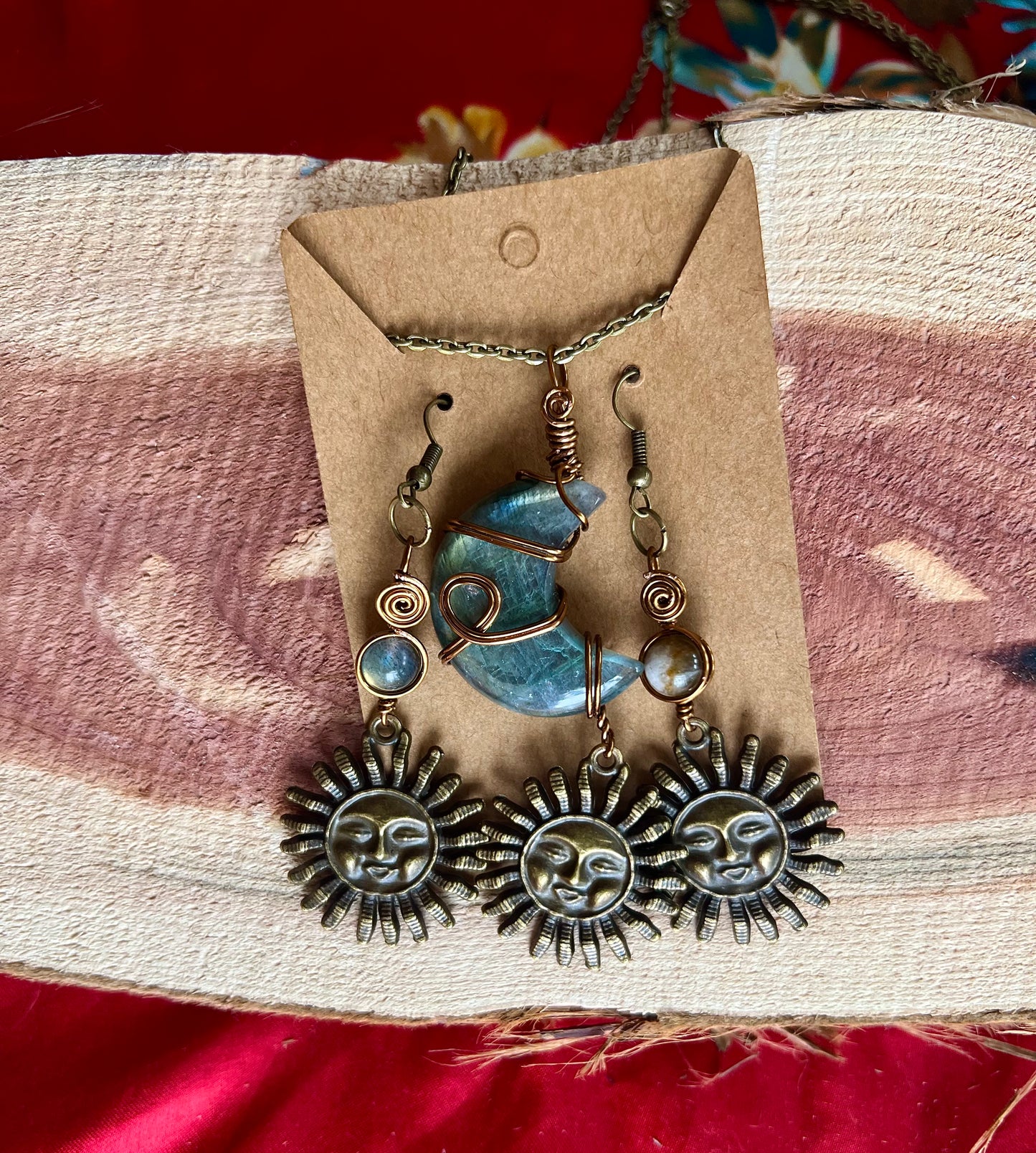 Labradorite Antique Bronze Sun Earring Necklace WireWrapped Set
