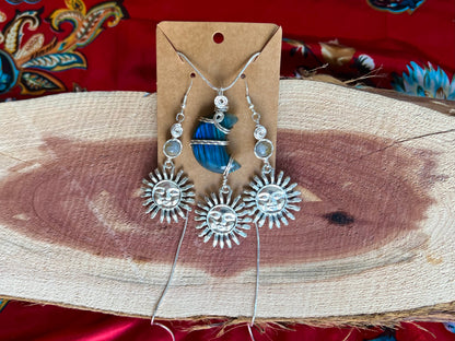 Labradorite Silver Sun Earring Necklace WireWrapped Set