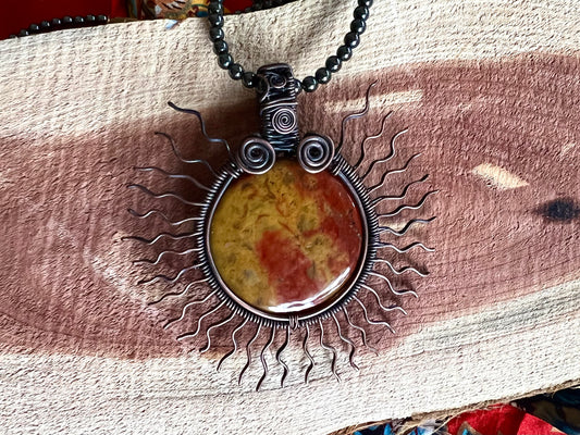 *Hematite Chain Included* Bloodstone Sunburst Wire Wrapped Healing Pendant With Hematite Chain