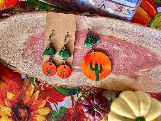 Malachite Cactus Painted Wooden Earring Set