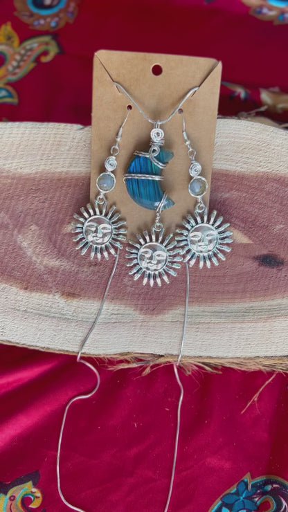 Labradorite Silver Sun Earring Necklace WireWrapped Set