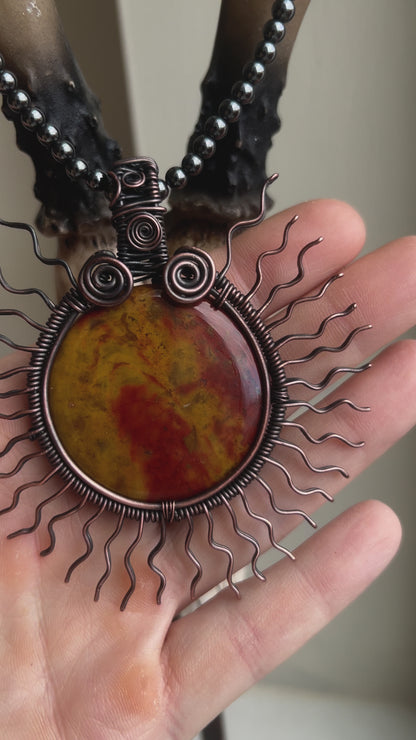 *Hematite Chain Included* Bloodstone Sunburst Wire Wrapped Healing Pendant With Hematite Chain