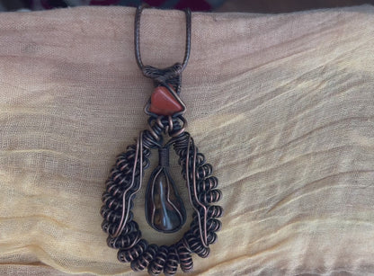 Bumblebee & Red Jasper Copper Wire Wrapped Pendant